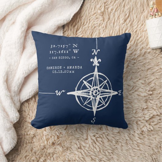Personalized Nautical Coordinates & Compass Rose クッション (ブランケット)