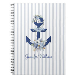 Personalized Nautical Floral Navy Stripes ノートブック