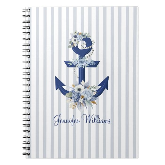 Personalized Nautical Floral Navy Stripes ノートブック (正面)