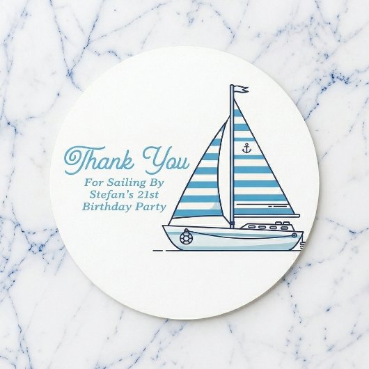 Personalized Nautical Sailboat Cabana Stripe ラウンドシール