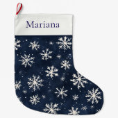 Personalized Navy Blue and white Snowflake  ラージクリスマスストッキング (正面)