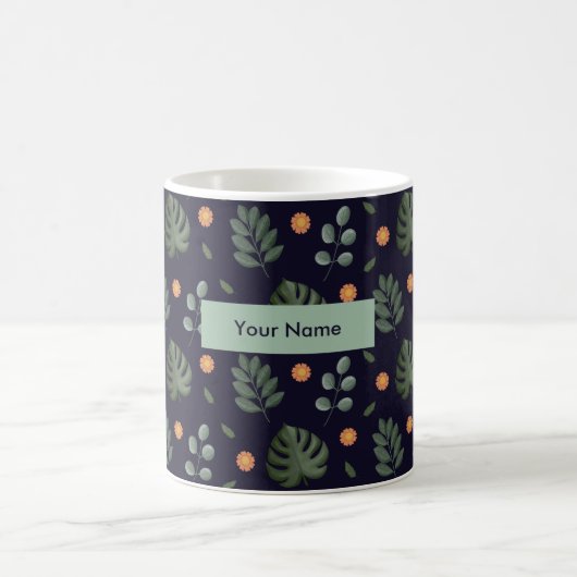 Personalized Navy Blue Botanical Floral Mug コーヒーマグカップ (中央)
