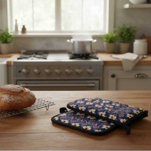 Personalized Navy Blue Floral 鍋つかみ&鍋敷きセット