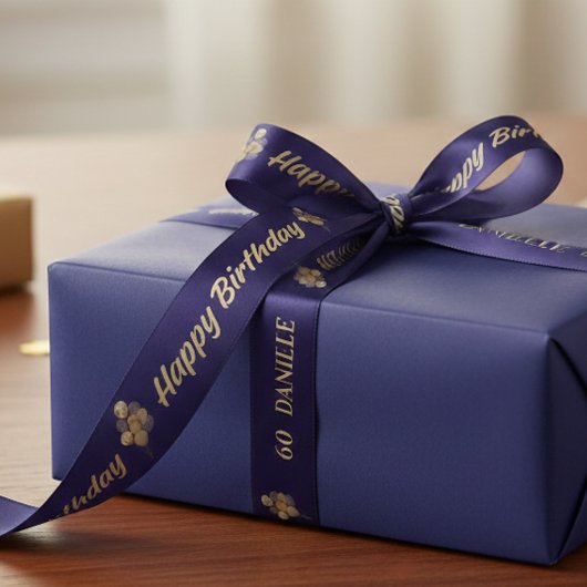 Personalized Navy Blue & Gold 60th Birthday Balloo サテンリボン