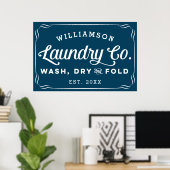 Personalized Navy Blue Laundry Wash Dry Fold Sign ポスター (ホームオフィス)