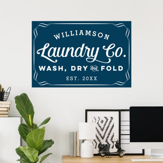 Personalized Navy Blue Laundry Wash Dry Fold Sign ポスター (ホームオフィス)