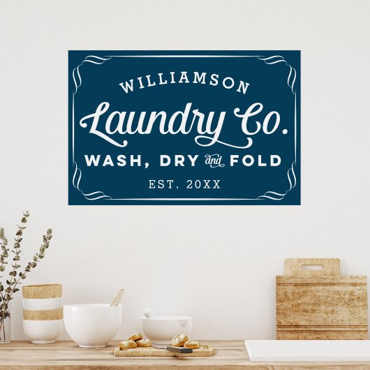 Personalized Navy Blue Laundry Wash Dry Fold Sign ポスター (キッチン)