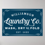 Personalized Navy Blue Laundry Wash Dry Fold Sign ポスター<br><div class="desc">Hang this personalized poster print in your laundry room and bring a little bit of that rustic farmhouse vibe to your home decor. Use the customize options to create a truly one of a kind for yourself by changing fonts and the background color.</div>