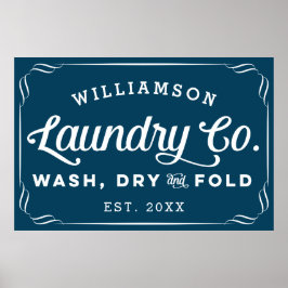 Personalized Navy Blue Laundry Wash Dry Fold Sign ポスター