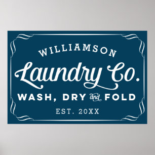 Personalized Navy Blue Laundry Wash Dry Fold Sign ポスター
