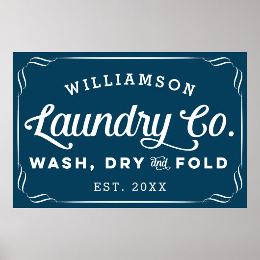 Personalized Navy Blue Laundry Wash Dry Fold Sign ポスター (正面)