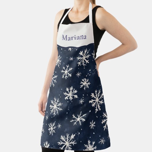 Personalized Navy Blue Snowflake Christmas エプロン (インサイチュ)