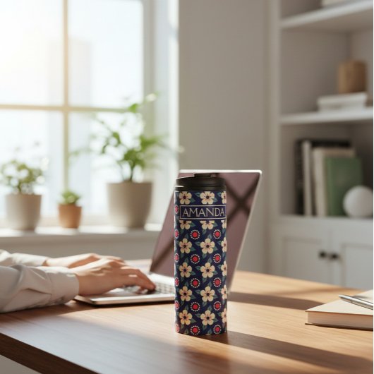 Personalized Navy Blue Vintage Floral タンブラー
