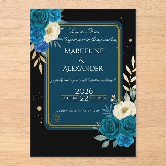  Personalized Navy & Blush Floral Invitation アクリル招待状 (正面)