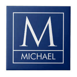 Personalized Navy Ceramic Tile with Initial & Name タイル