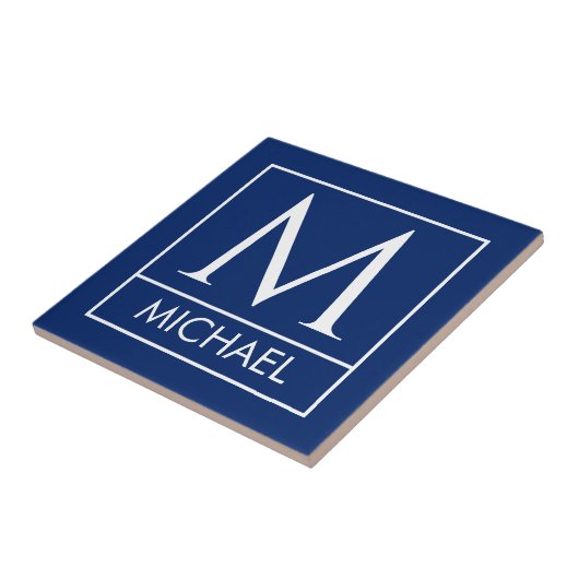 Personalized Navy Ceramic Tile with Initial & Name タイル (側面)