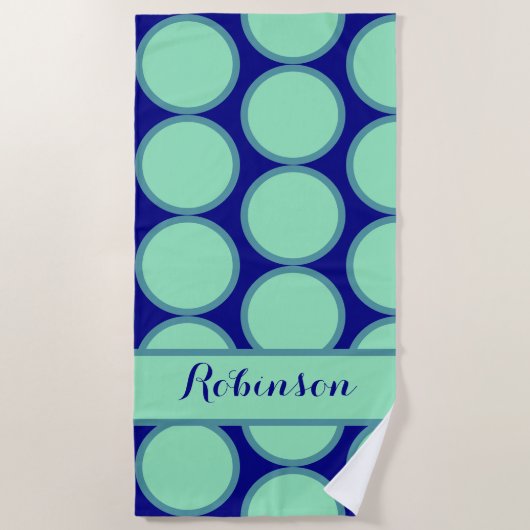 Personalized Navy Mint Polka Dot Pattern Modern  ビーチタオル (正面)