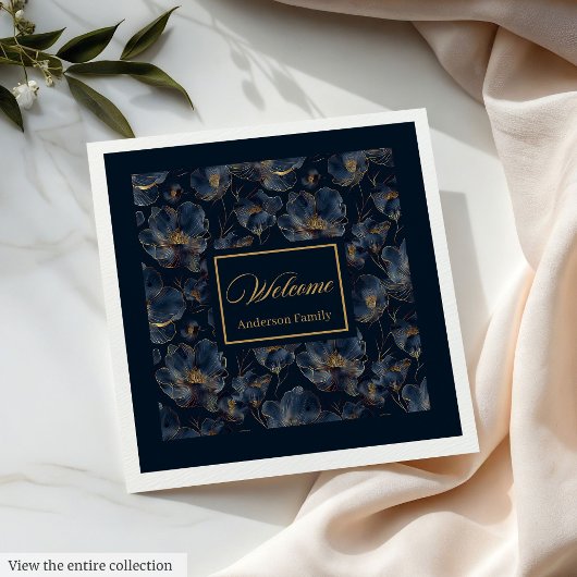 Personalized Navy Napkins Chic Gold Flower Gift