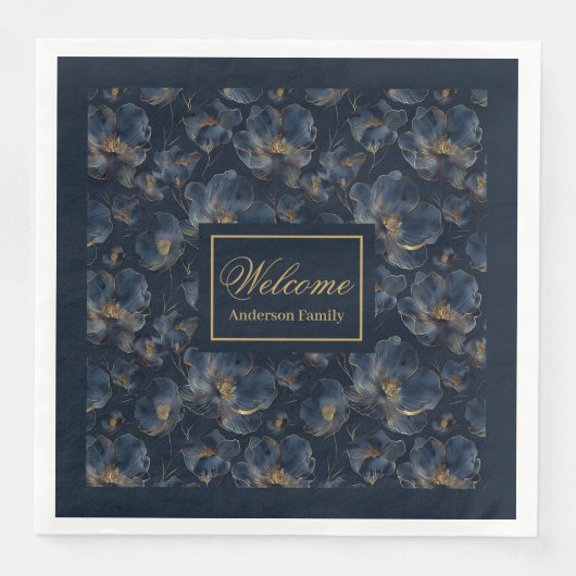 Personalized Navy Napkins Chic Gold Flower Gift (正面)