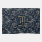 Personalized Navy Towel Chic Gold Flower Accent キッチンタオル (横)