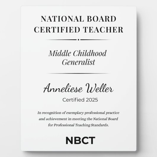 Personalized NBCT Middle childhood generalist フォトプラーク (正面)