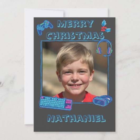 Personalized Neon Gamer Photo Flat Christmas シーズンカード (正面)