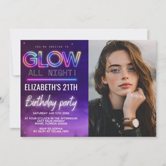 Personalized Neon Glow Birthday Invitation Photo 招待状 (正面)