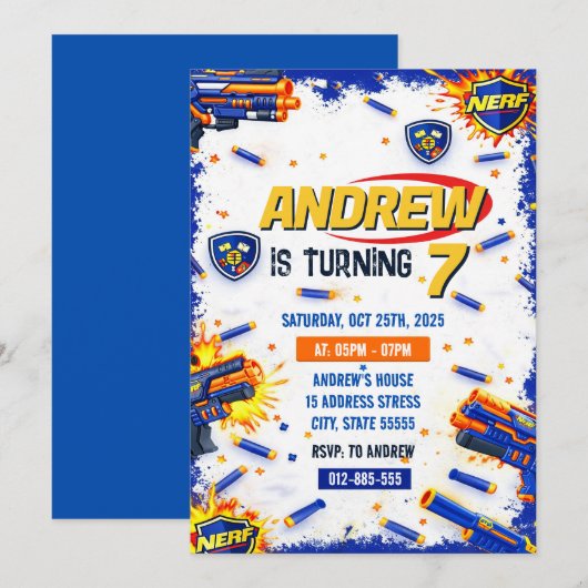 Personalized Nerf War Birthday Party Invitation  招待状 (正面/裏面)