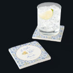 Personalized Newlywed Mediterranean Coastal Home  ストーンコースター<br><div class="desc">A stone coaster for newlywed's home featuring Mediterranean tile patterns, elegant script calligraphy, and a playful watercolor gelato ice cream design. Inspired by Italian coastal home decor and the sunny charm of the Amalfi Coast, this modern stylish bar accessory captures the spirit of la dolce vita with bright blue and...</div>