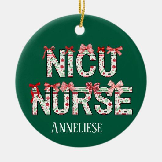 Personalized NICU Nurse Christmas Coquette Bow セラミックオーナメント (正面)