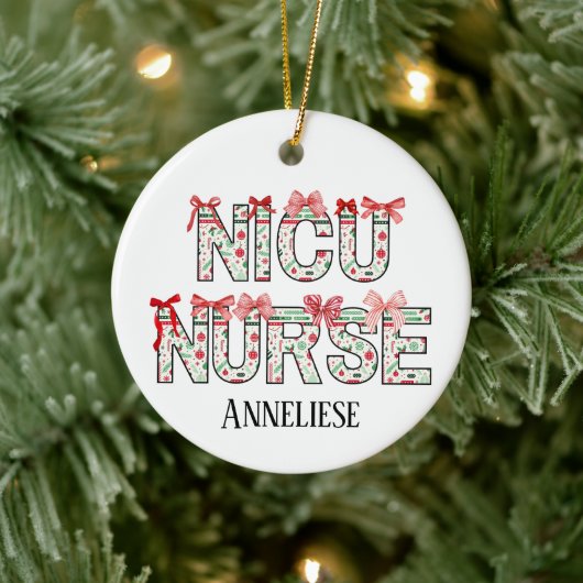 Personalized NICU Nurse Christmas Coquette Bow セラミックオーナメント (ツリー)