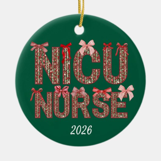 Personalized NICU Nurse Coquette Bow Christmas セラミックオーナメント (正面)