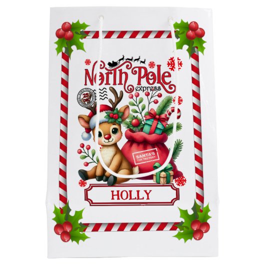 Personalized North Pole Express Reindeer ミディアムペーパーバッグ (裏面)