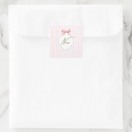 Personalized Nova Baby Girl Nursery Bow&Gingham スクエアシール (バッグ)