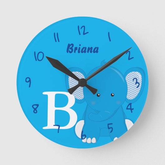 Personalized Nursery Blue Round Clock ラウンド壁時計 (正面)