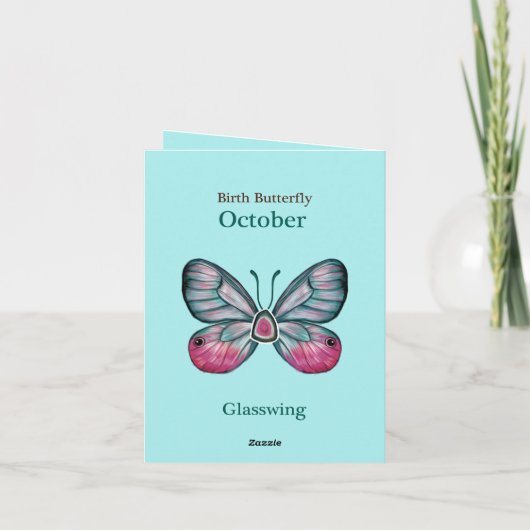 Personalized October Teal Glasswing Butterfly Art カード (裏面)