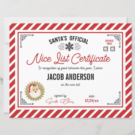 Personalized Official Santa Nice List Certificate (正面)