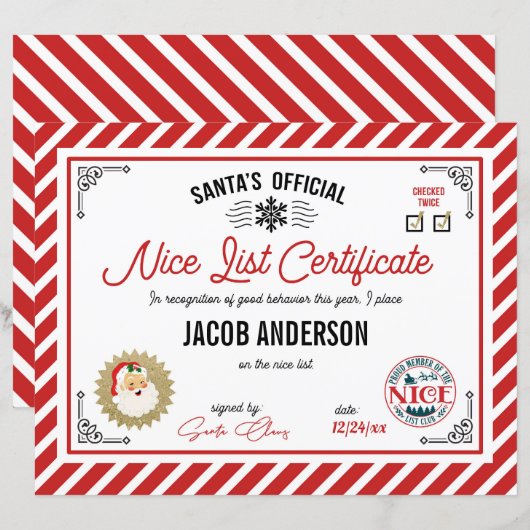 Personalized Official Santa Nice List Certificate (正面/裏面)