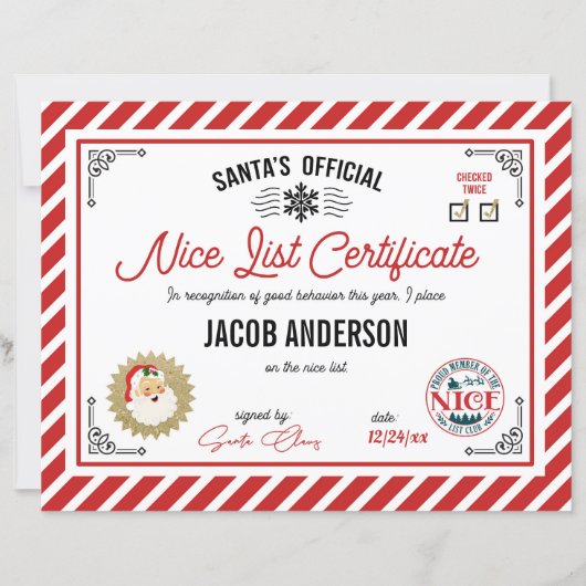 Personalized Official Santa Nice List Certificate (正面)
