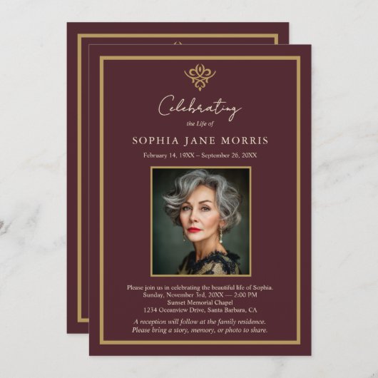 Personalized Old Money Burgundy Funeral Invitation 招待状 (正面/裏面)