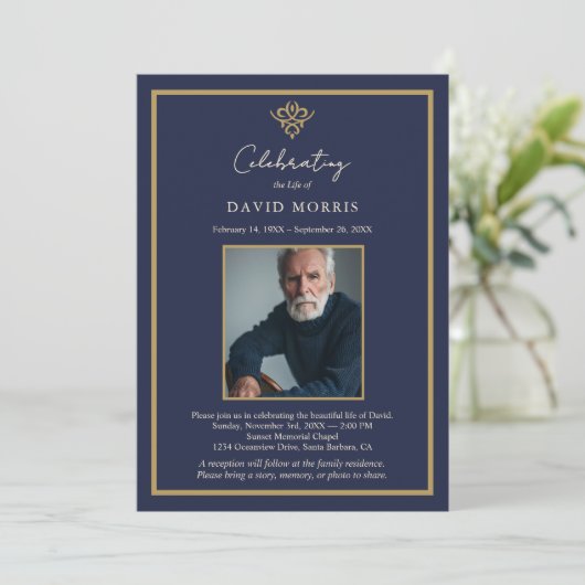 Personalized Old Money Navy Blue Funeral  招待状 (スタンド正面)