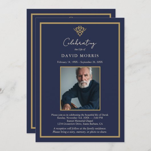 Personalized Old Money Navy Blue Funeral  招待状 (正面/裏面)