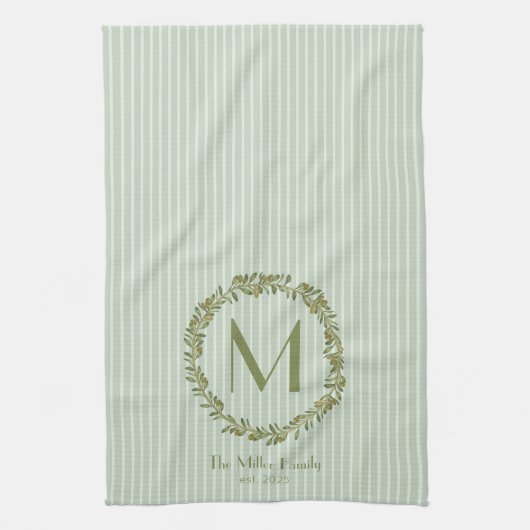 Personalized Olive Wreath Monogram キッチンタオル (縦)