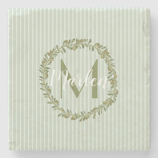 Personalized Olive Wreath Monogram ストーンコースター (正面)
