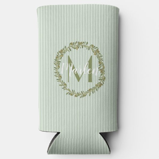 Personalized Olive Wreath Monogram  スリム缶クーラー (正面)