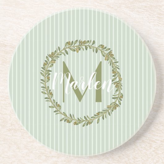 Personalized Olive Wreath Monogram Sandstone Coast コースター (正面)