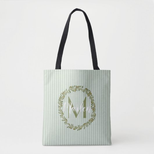 Personalized Olive Wreath Monogram Tote Bag トートバッグ (正面)