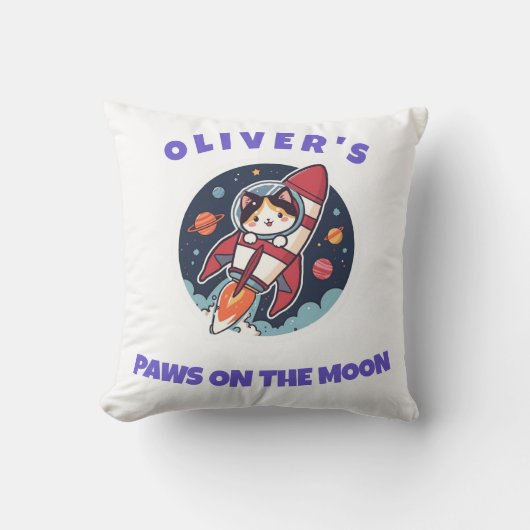 Personalized Oliver's Rocket Cat Throw Pillow クッション (正面)
