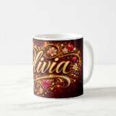 Personalized Olivia Mug Pink Hearts Gold Romantic  コーヒーマグカップ (正面右)