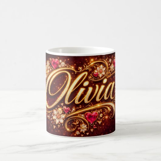 Personalized Olivia Mug Pink Hearts Gold Romantic  コーヒーマグカップ (中央)